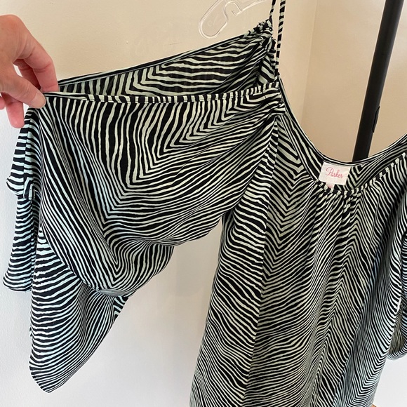 Parker Cold-Shoulder 100% Silk Mini Dress XS Black/White - Picture 7 of 16